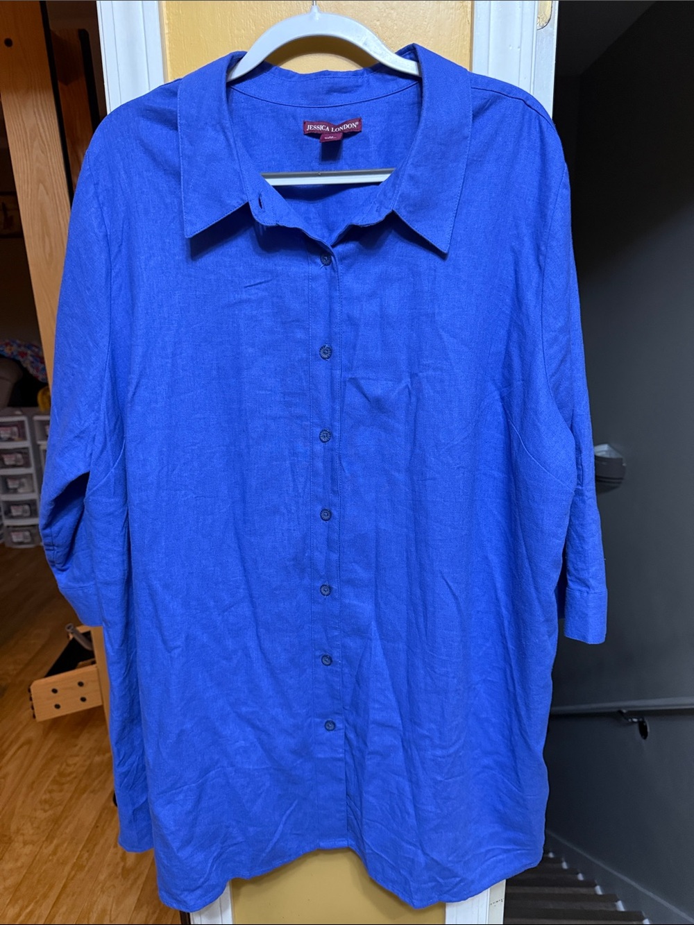 Jessica London Women’s 24 Cobalt Blue Linen Blend Button-Down Tunic Roll Tab